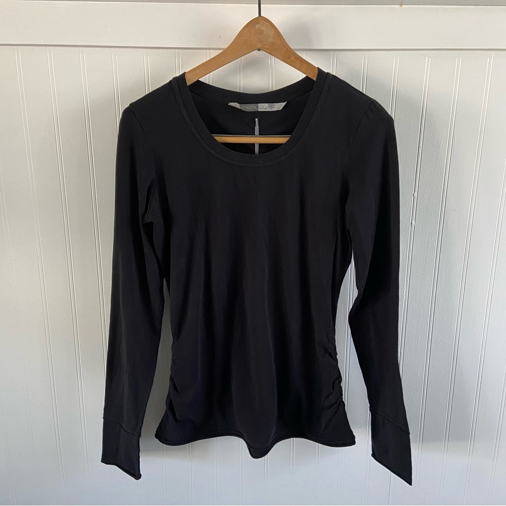 Athleta Organic Cotton Small Long Sleeved Soft Black Shirred Workout Shirt Top